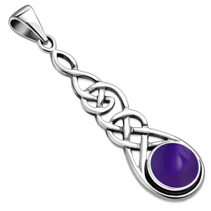 Long Celtic Silver Pendant set w/ Amethyst Stone