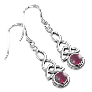 Long Garnet Stone Trinity Knot Sterling Silver Earrings