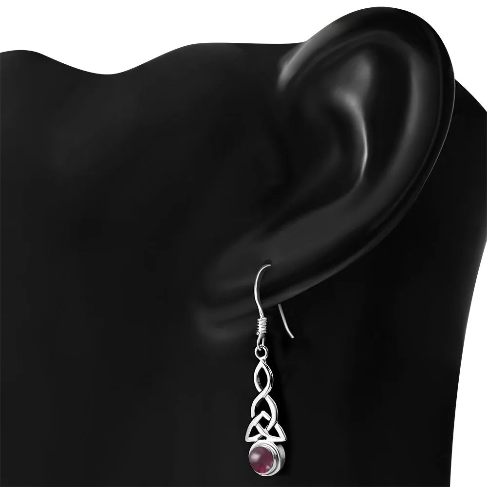 Long Garnet Stone Trinity Knot Sterling Silver Earrings