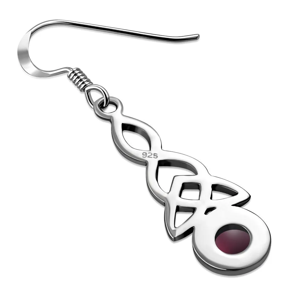 Long Garnet Stone Trinity Knot Sterling Silver Earrings