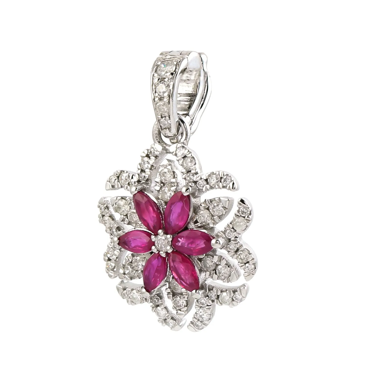 Marquise Ruby Pave Diamond Beautiful Floral Charm 18k White Gold Jewelry