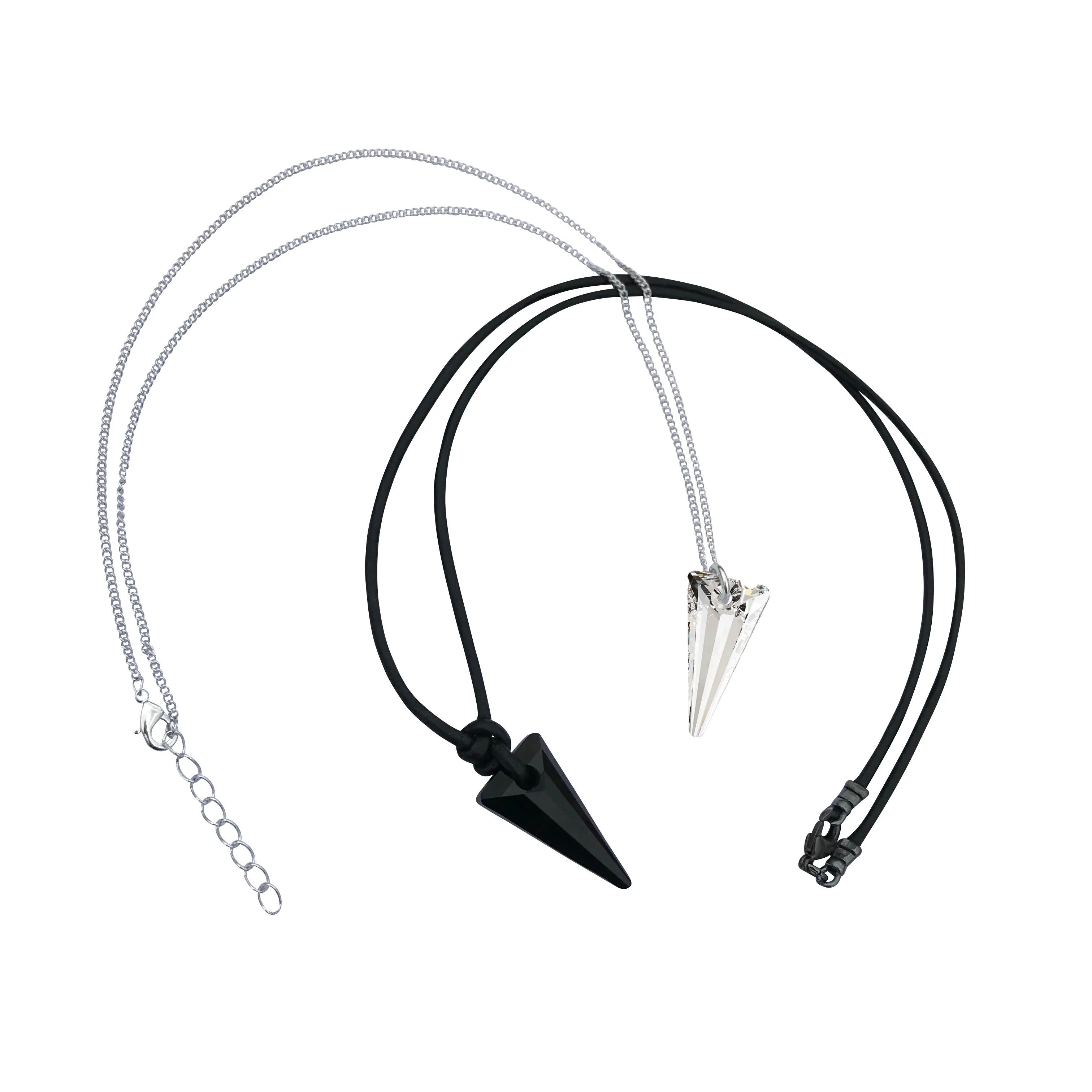 Matching His & Hers Swarovski Crystal Spike Pendant Necklaces: Black Leather & Clear Silver