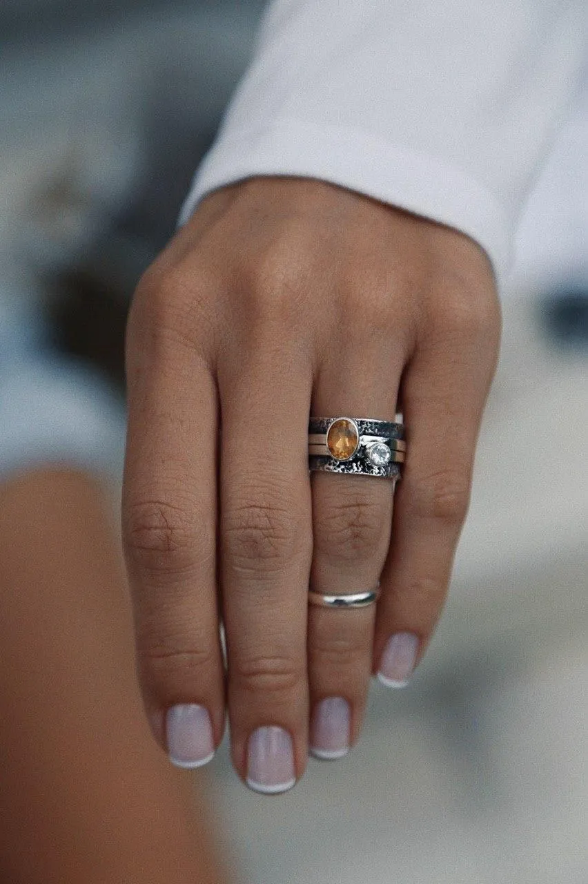 Mechanism Rustic Ring with Oval Facet Citrine & White Topaz