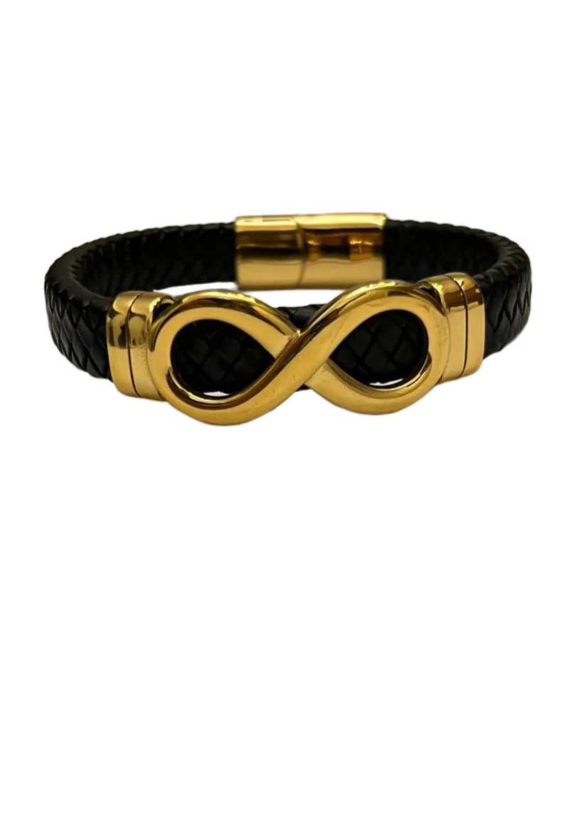 Men's Black Leather and Gold Bracelet