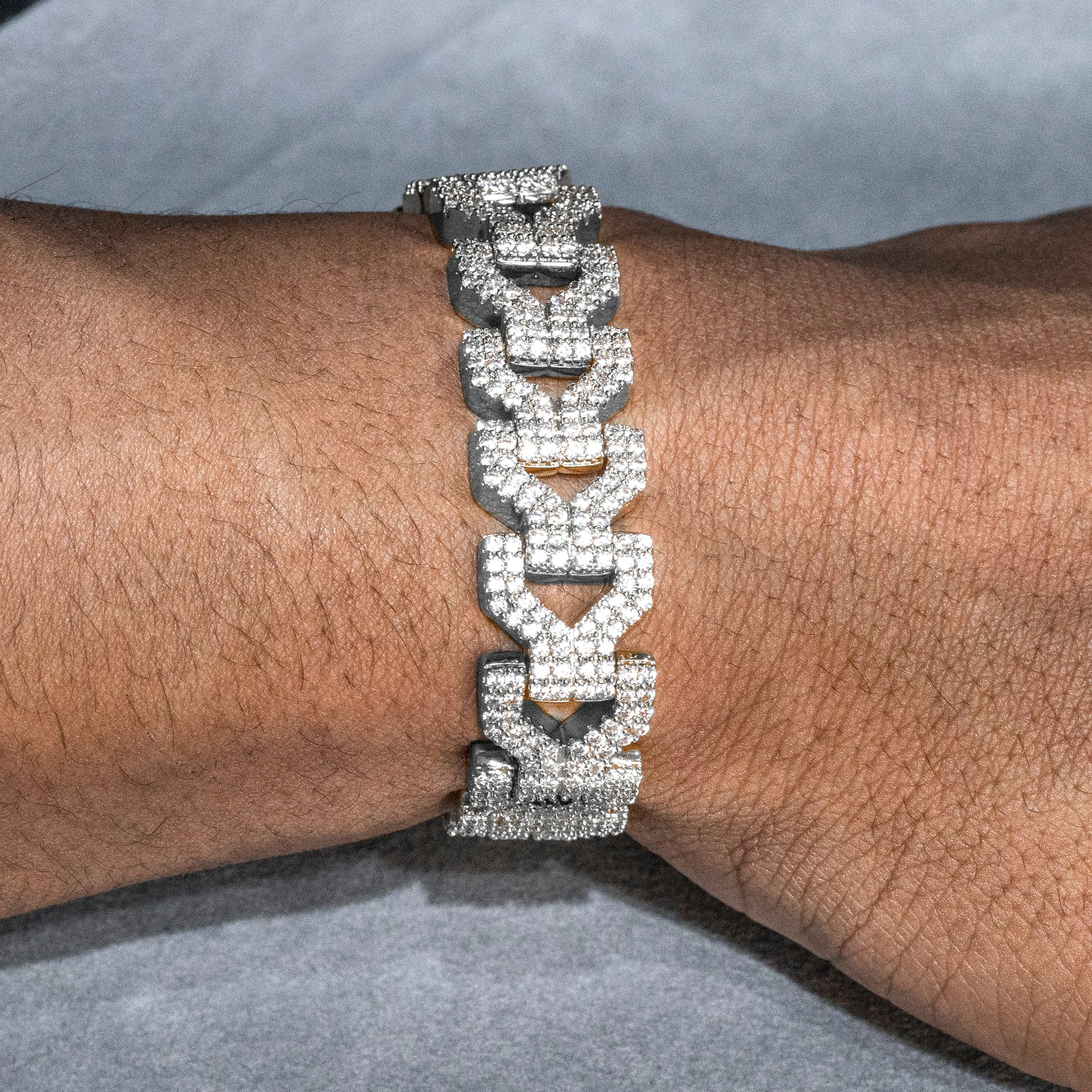 Mens White Gold Iced Out Y Link Bracelet