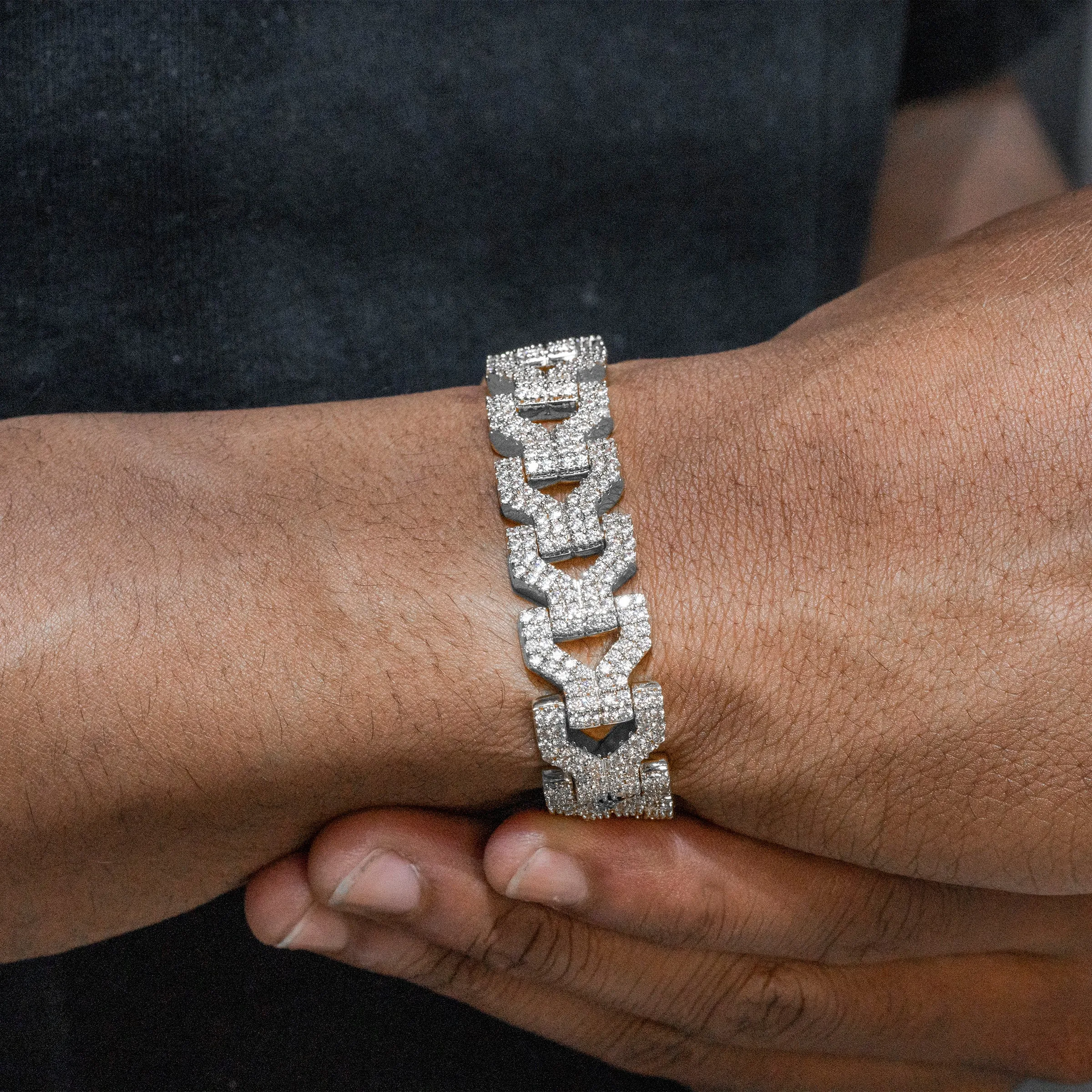 Mens White Gold Iced Out Y Link Bracelet