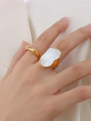 Mother of Pearl Ring 18K Gold Plated Statement Women's Jewelry Wavy White Ring KESLEY