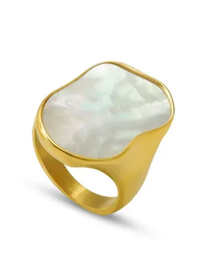 Mother of Pearl Ring 18K Gold Plated Statement Women's Jewelry Wavy White Ring KESLEY