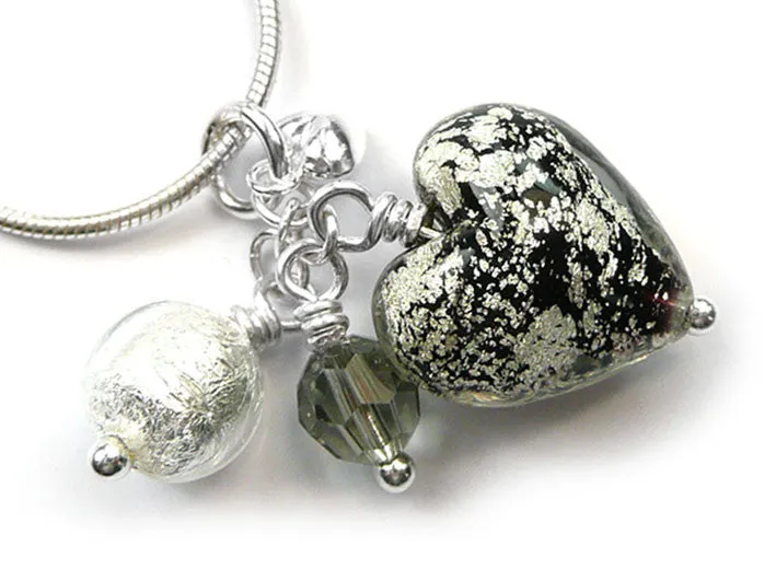 Murano Glass Heart Cluster Pendant - Black and White Gold