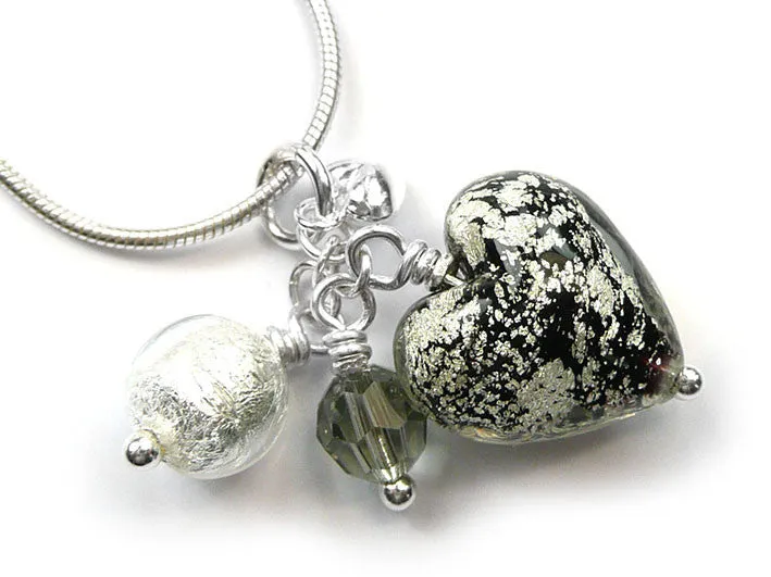 Murano Glass Heart Cluster Pendant - Black and White Gold