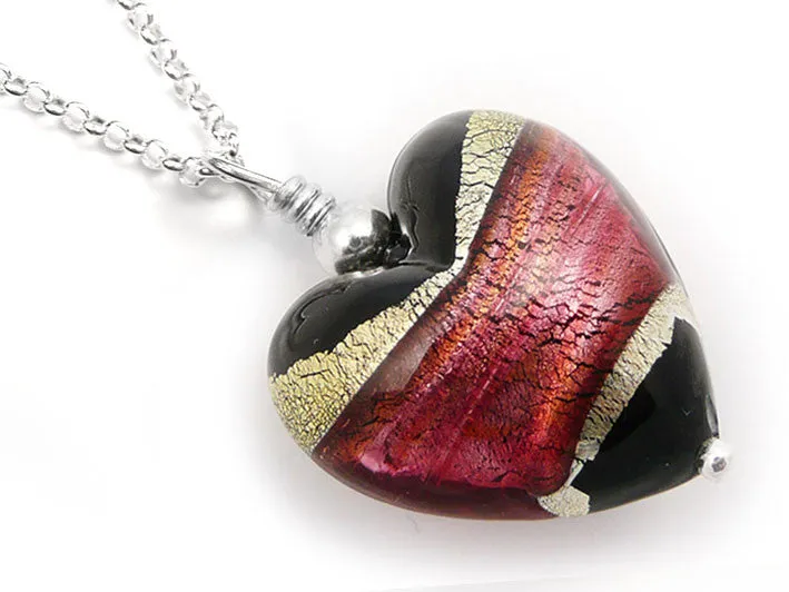 Murano Glass Heart Pendant - Jet and Ruby