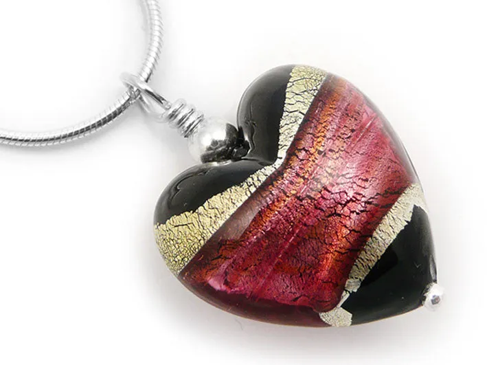 Murano Glass Heart Pendant - Jet and Ruby