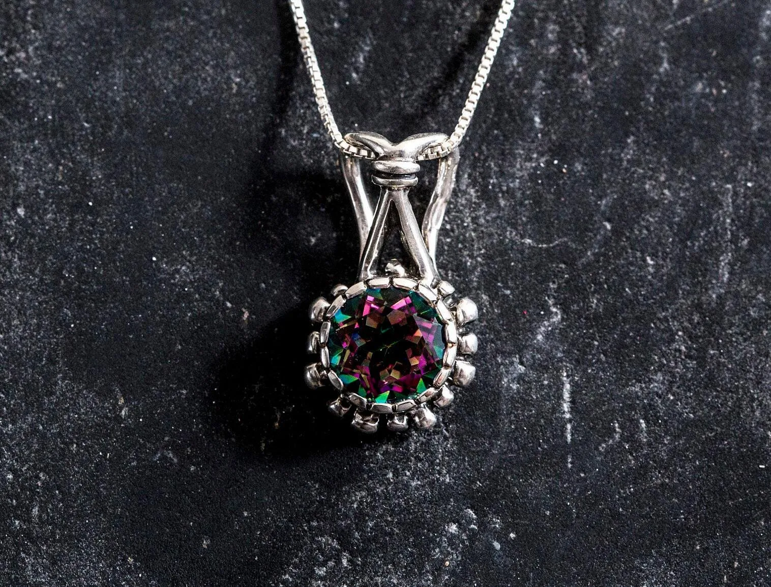 Mystic Topaz Necklace - Genuine Topaz Pendant - Round Vintage Topaz Pendant