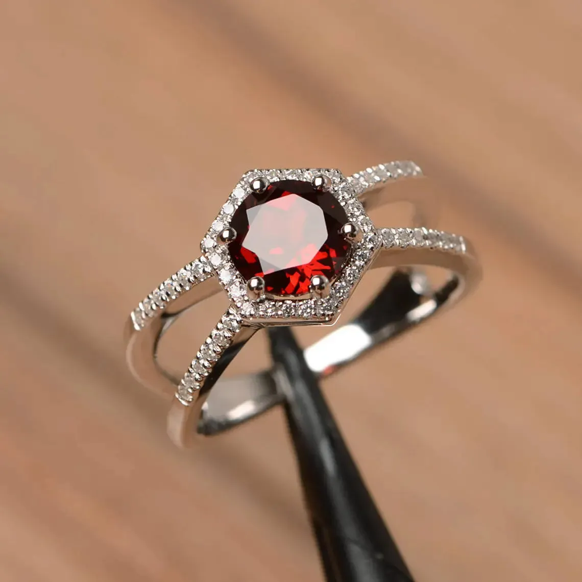 Natural Round Cut Garnet Wedding Halo Ring - 925 Sterling SIlver Ring