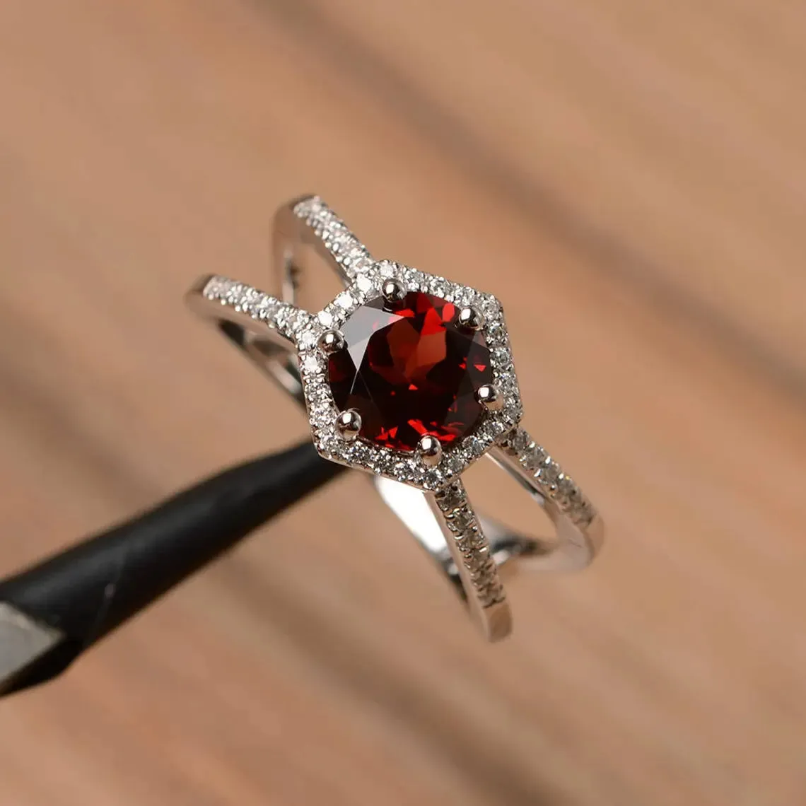 Natural Round Cut Garnet Wedding Halo Ring - 925 Sterling SIlver Ring