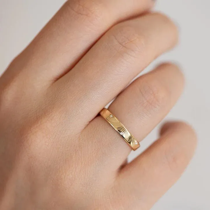 ORDER ONLY: 18K Gold Engraved Wavy Ring with Diamond Details