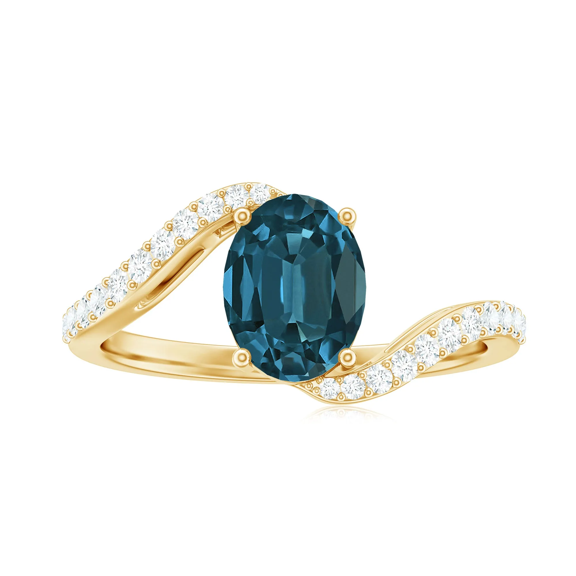 Oval Cut London Blue Topaz Solitaire Bypass Ring with Diamond