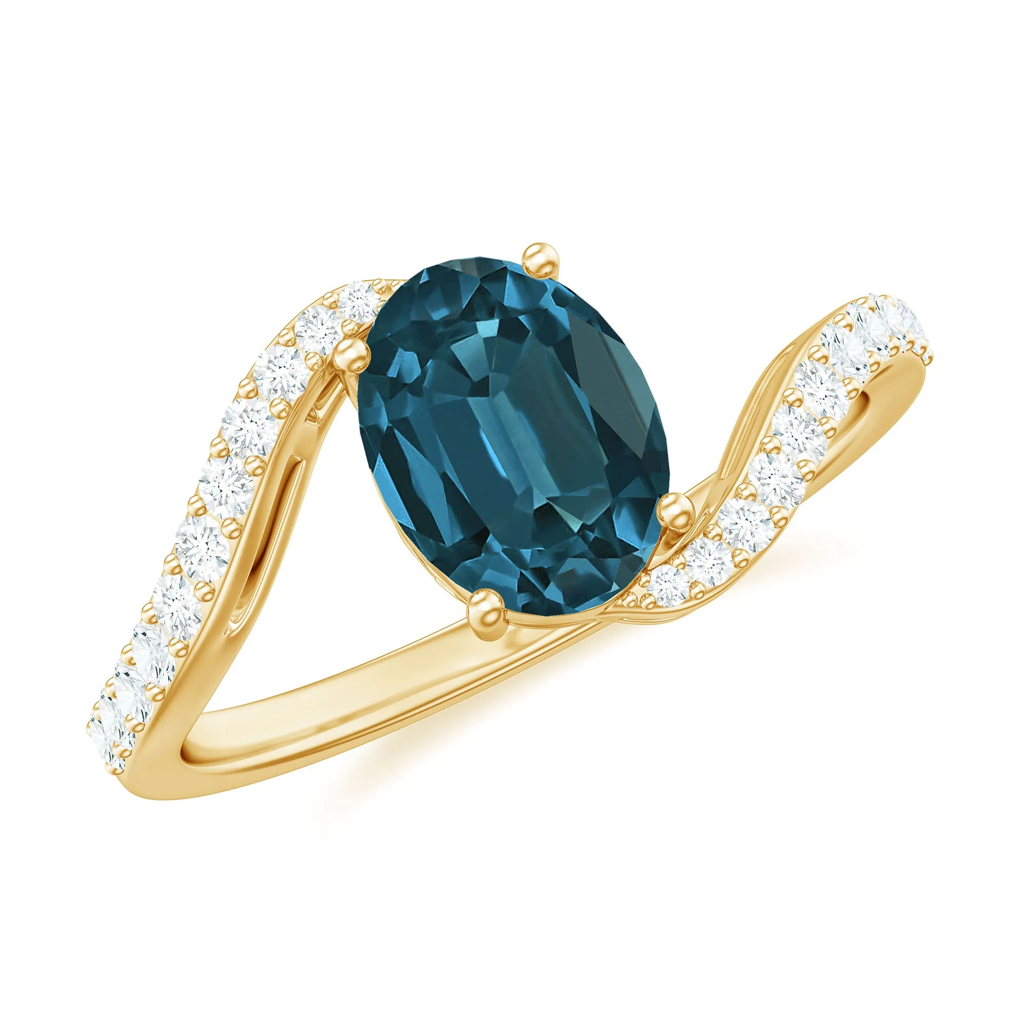 Oval Cut London Blue Topaz Solitaire Bypass Ring with Diamond