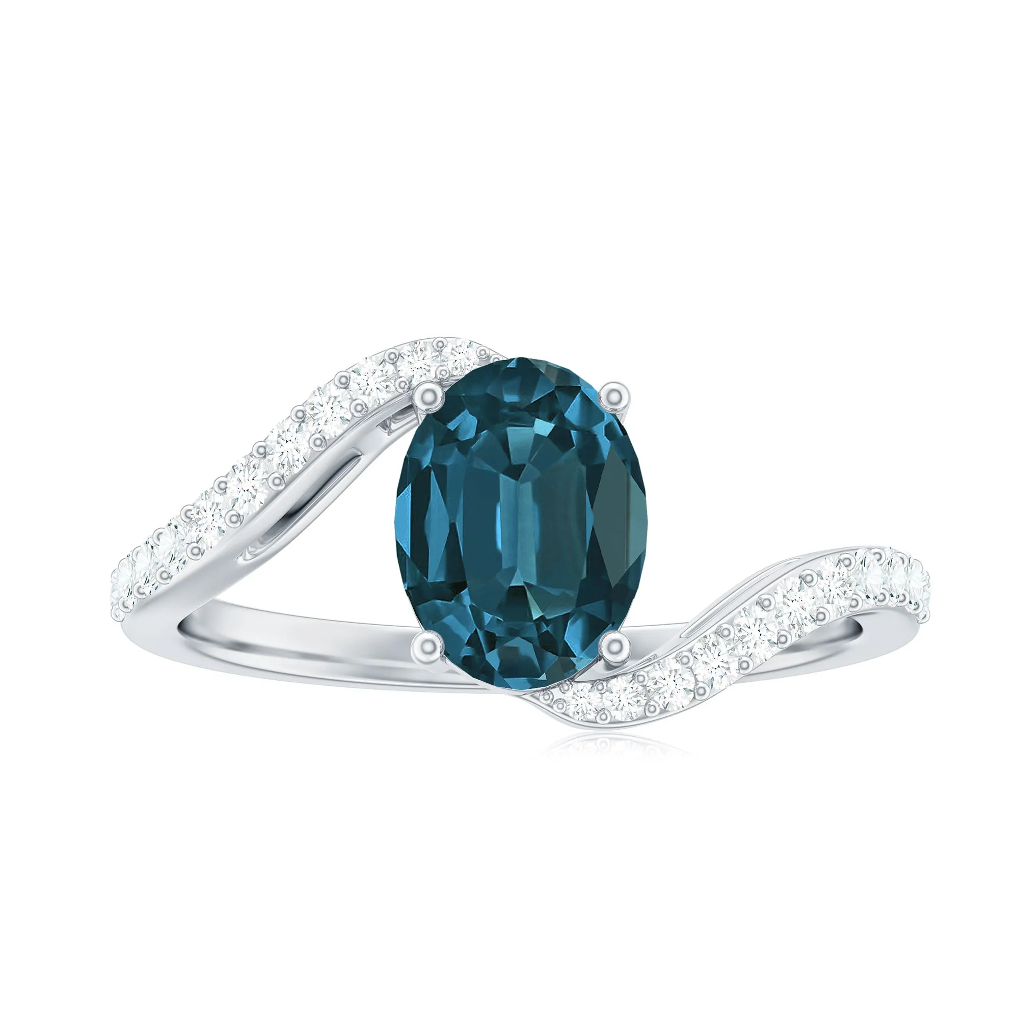 Oval Cut London Blue Topaz Solitaire Bypass Ring with Diamond