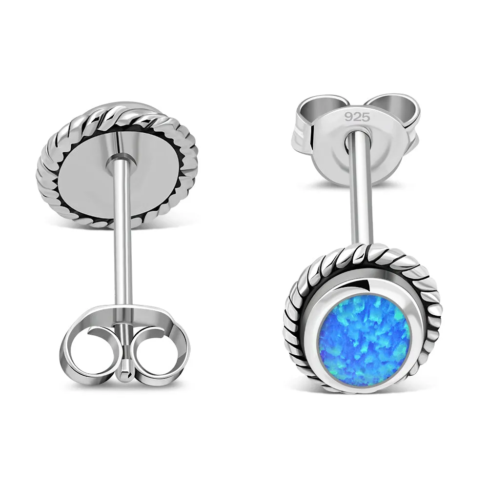 Oval Synthetic Azure Blue Opal Silver Stud Earrings