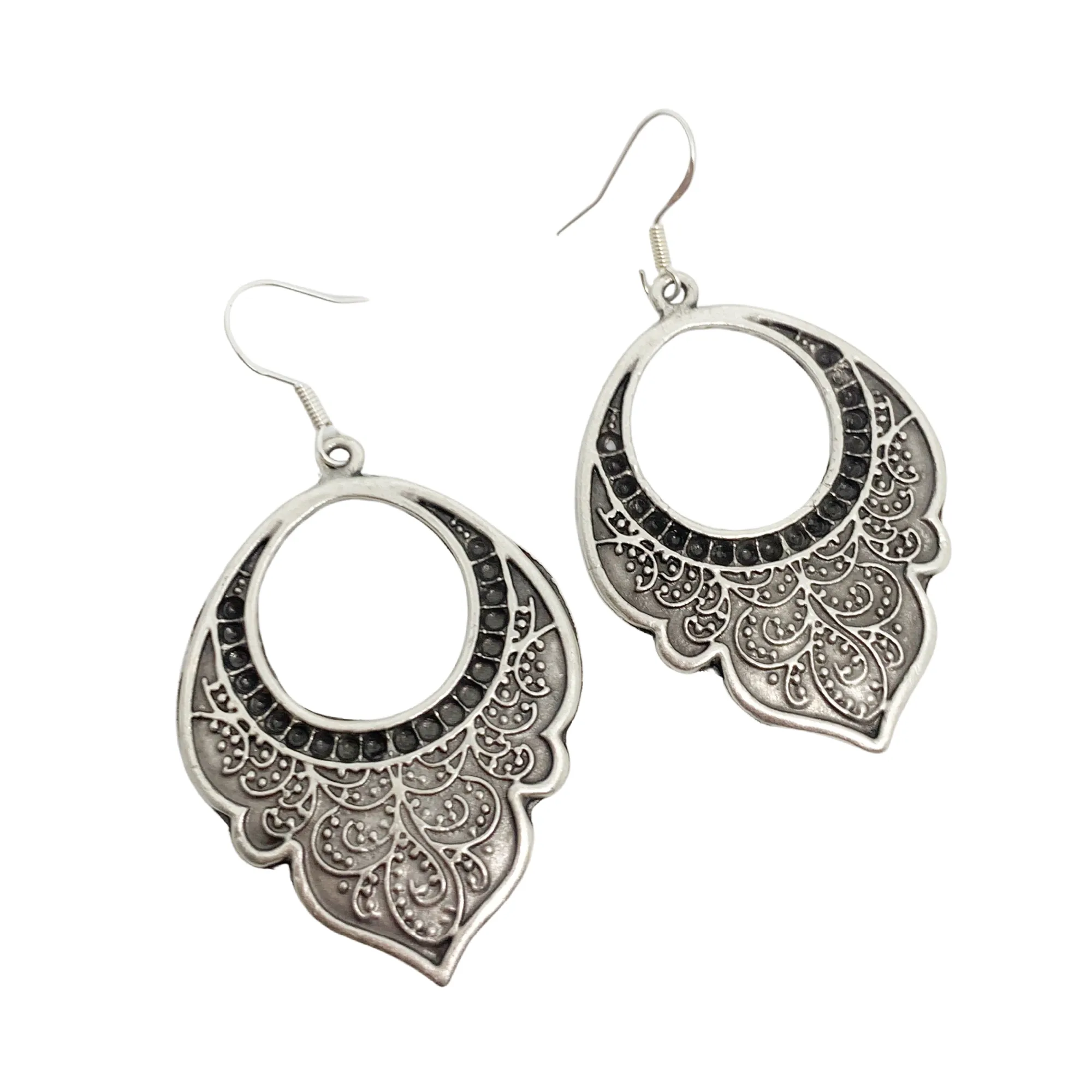 Paisley drops. Filigree, floral, Sterling silver hoop earrings, jewelry.