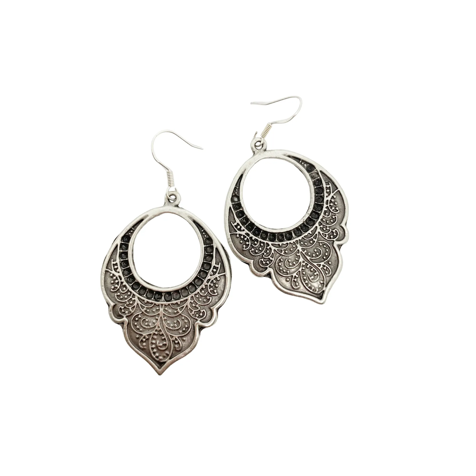 Paisley drops. Filigree, floral, Sterling silver hoop earrings, jewelry.