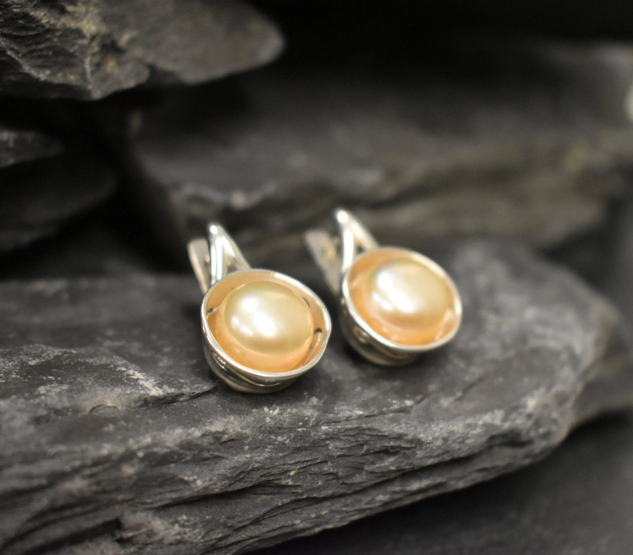 Peach Pearl Earrings - Genuine Pearl Earrings - Drop Bridal Earrings