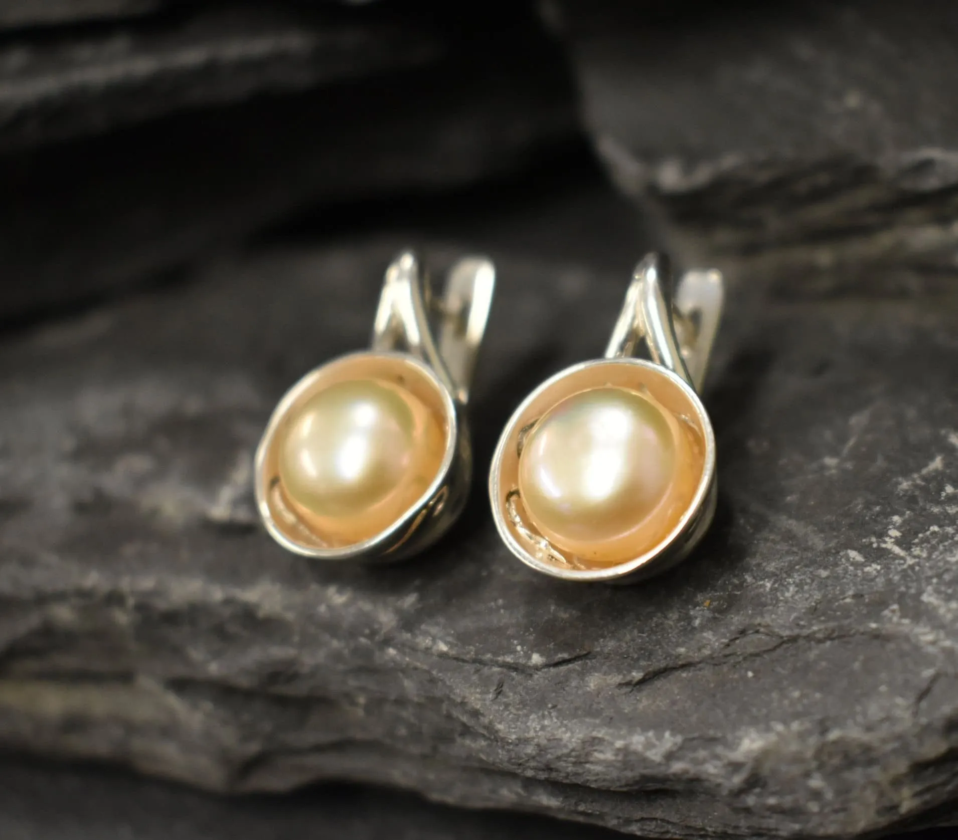 Peach Pearl Earrings - Genuine Pearl Earrings - Drop Bridal Earrings