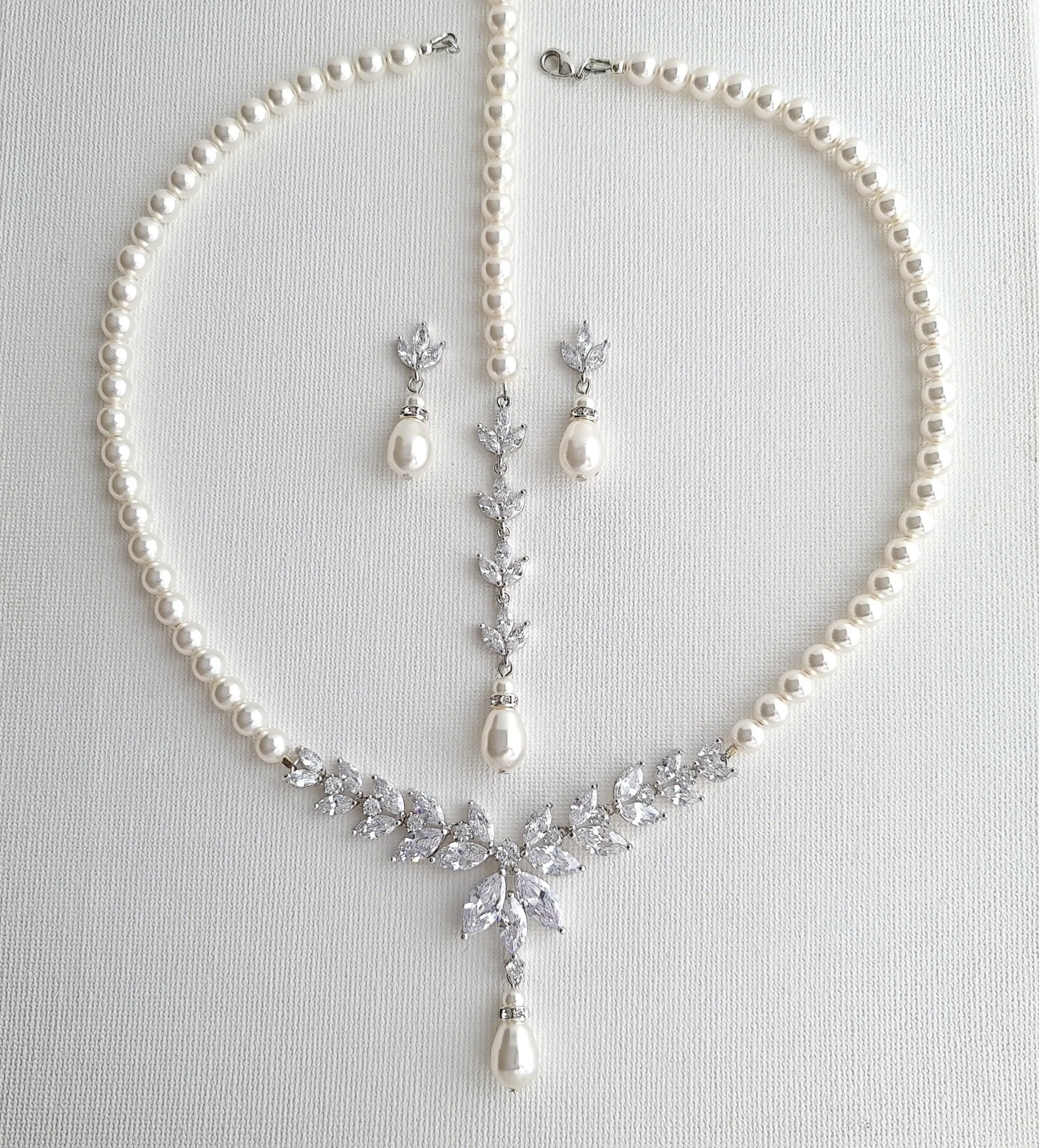 Pearl Bridal Jewelry Set in Ivory White Pearl Color with Necklace, Backdrop & Earrings-Katie