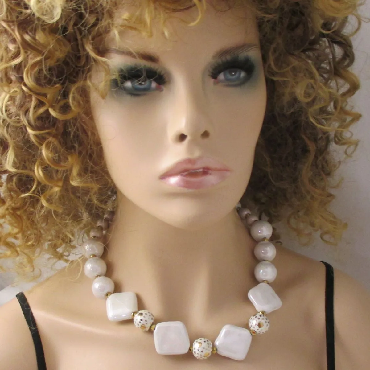 Pearl  White and Gold Kazuri Necklace - Fair Trade Beads