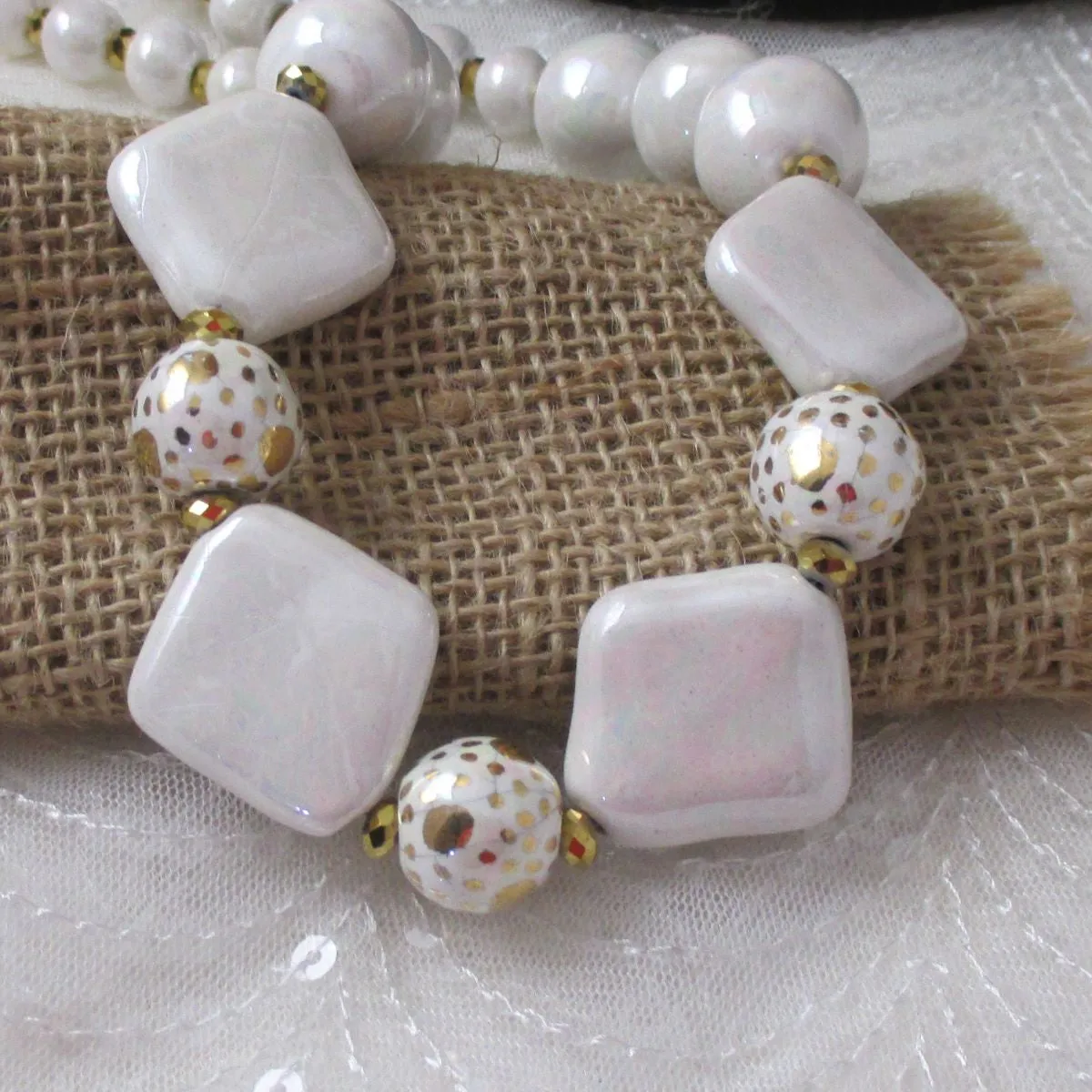 Pearl  White and Gold Kazuri Necklace - Fair Trade Beads