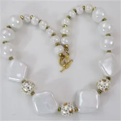 Pearl  White and Gold Kazuri Necklace - Fair Trade Beads