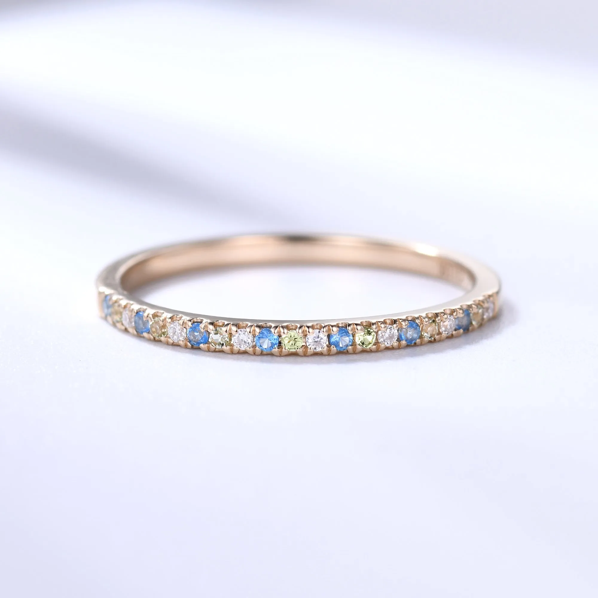 Petite Topaz Peridot Moissanite Yellow Gold Half Eternity Wedding Band Thin Stacking Ring