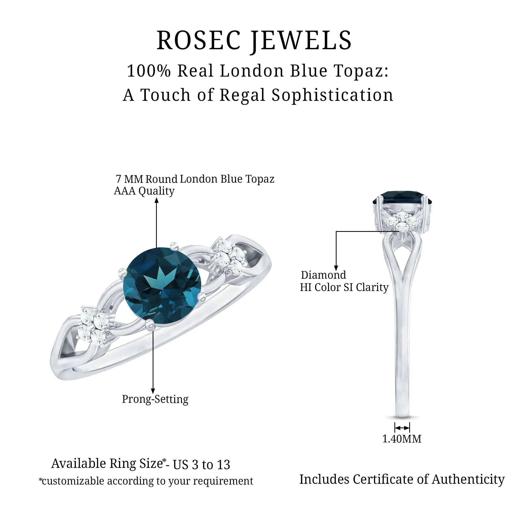 Pure London Blue Topaz Floral and Diamond Solitaire Crossover Ring