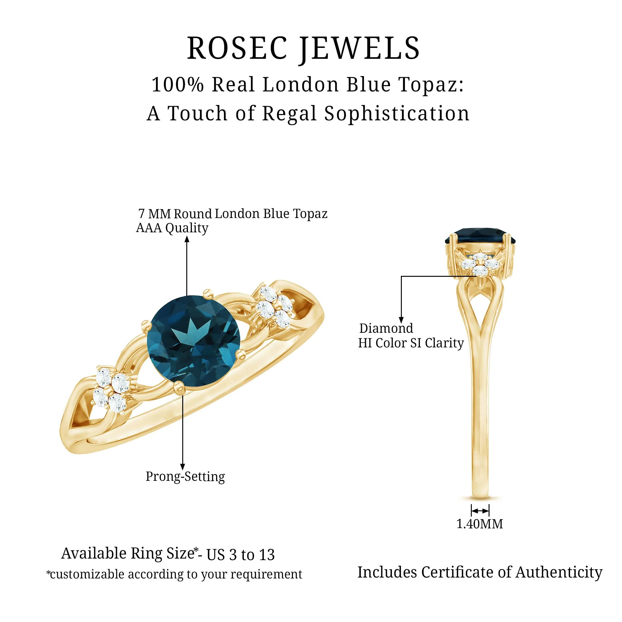 Pure London Blue Topaz Floral and Diamond Solitaire Crossover Ring