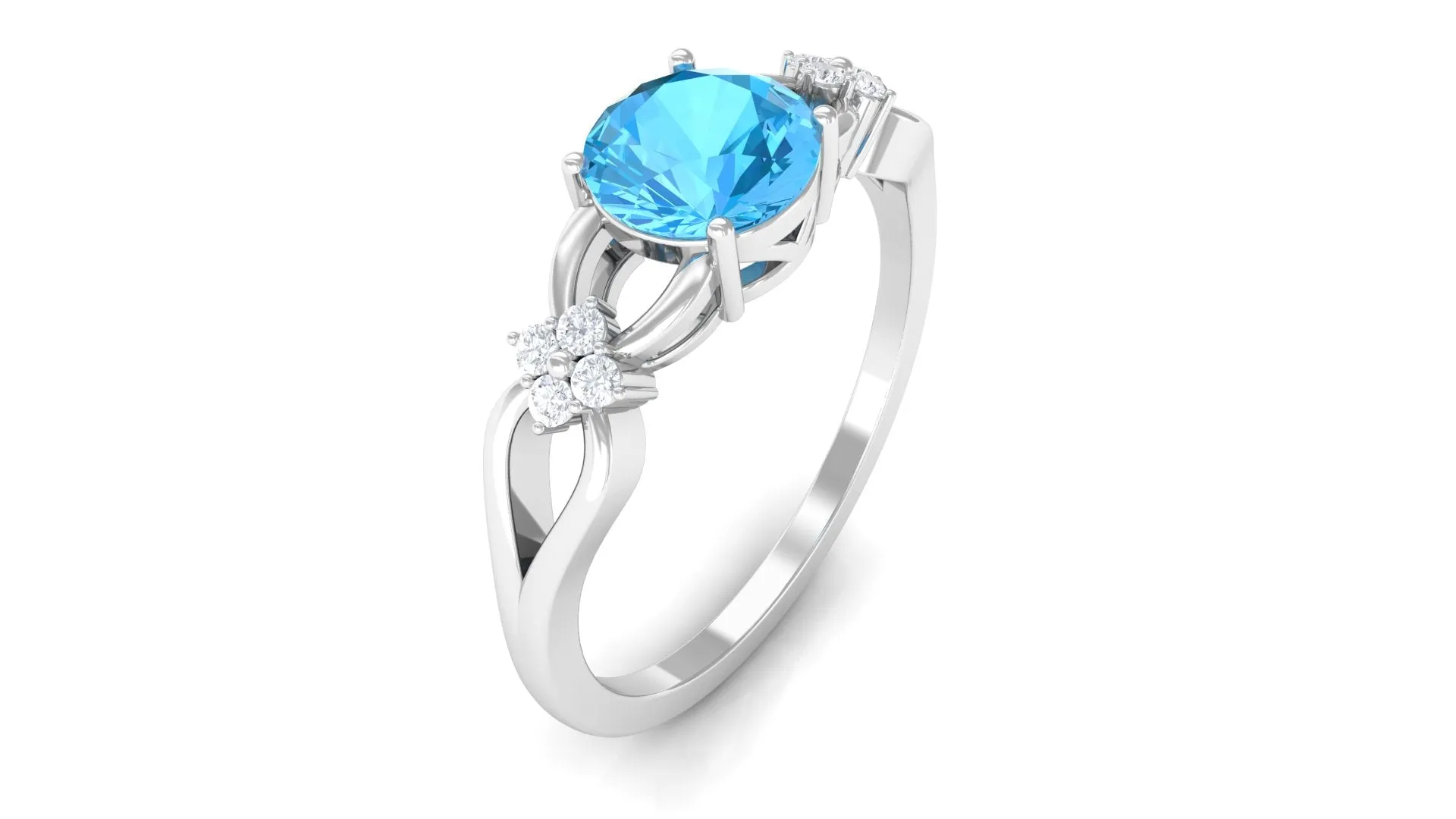 Pure Swiss Blue Topaz and Diamond Floral Solitaire Crossover Ring