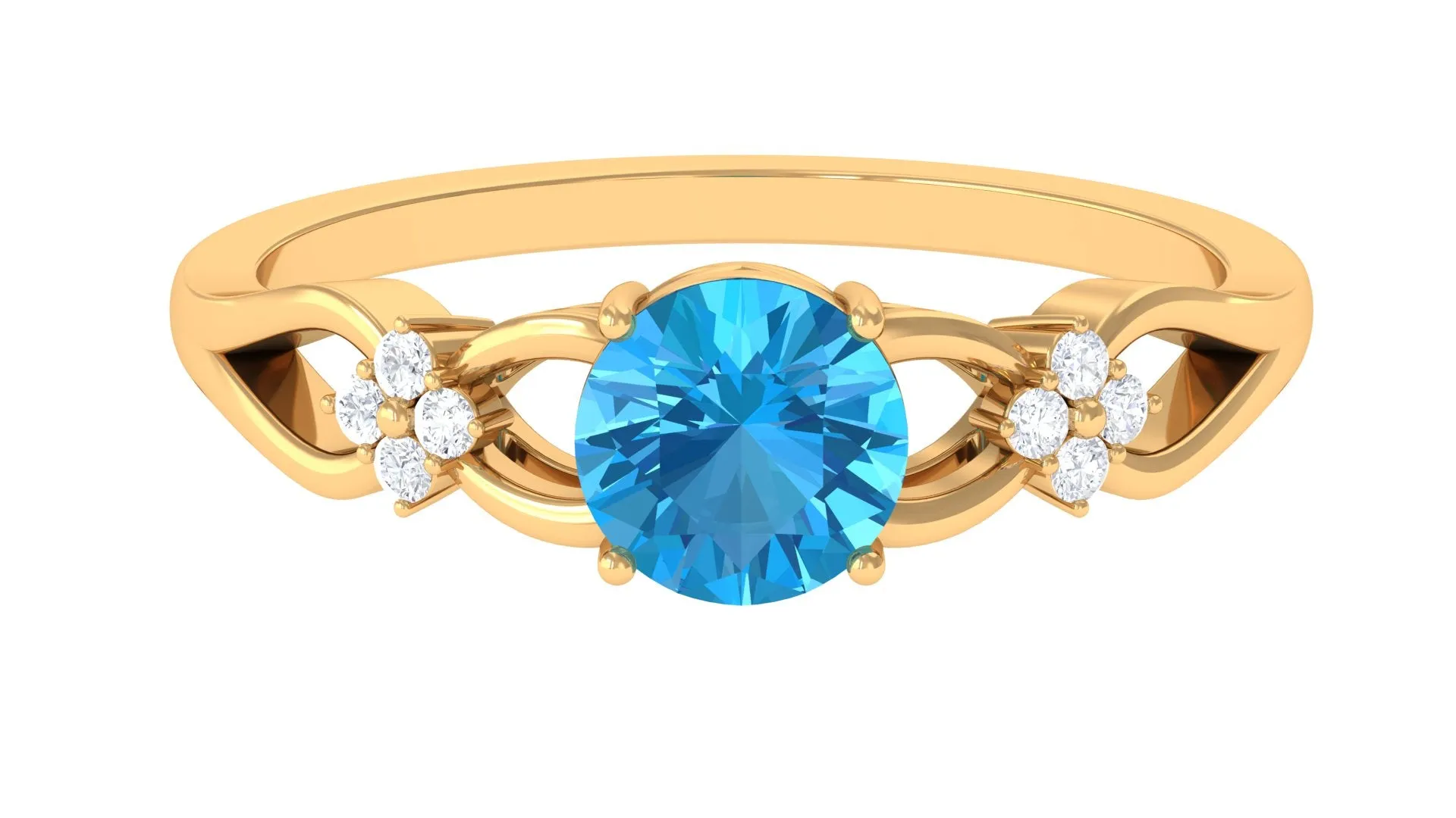 Pure Swiss Blue Topaz and Diamond Floral Solitaire Crossover Ring