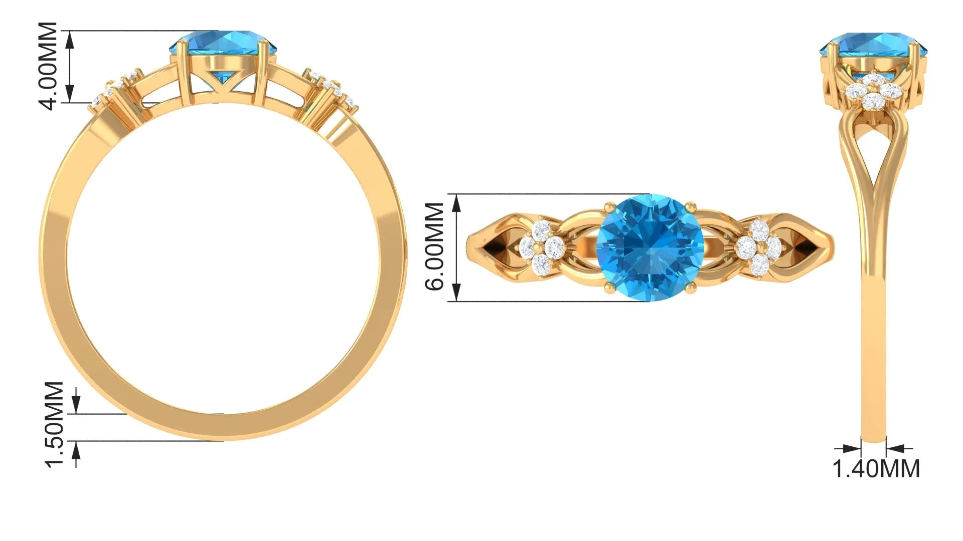 Pure Swiss Blue Topaz and Diamond Floral Solitaire Crossover Ring