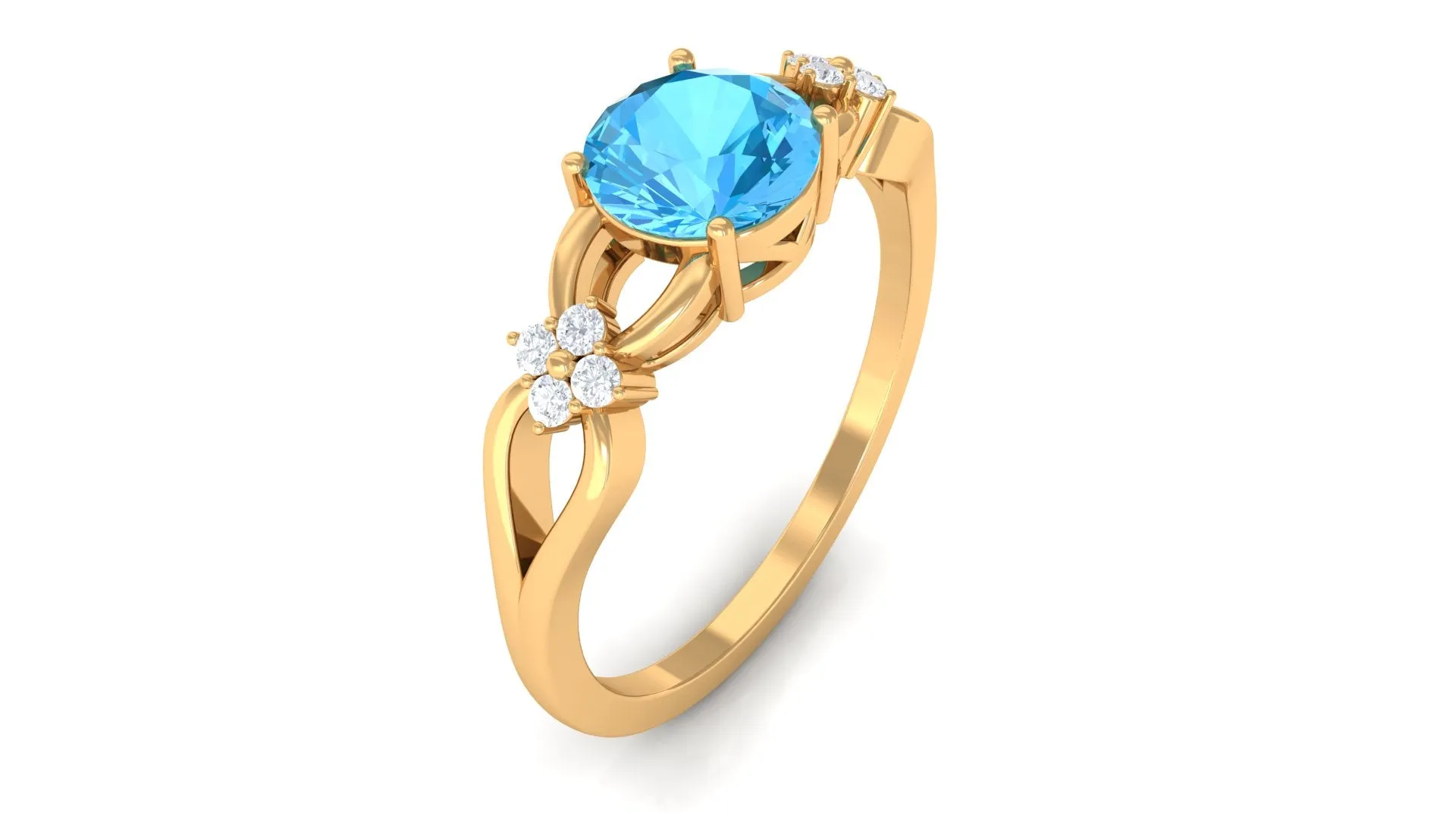 Pure Swiss Blue Topaz and Diamond Floral Solitaire Crossover Ring