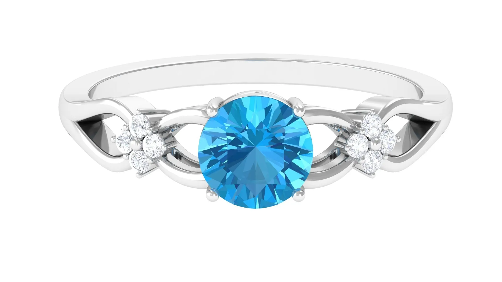 Pure Swiss Blue Topaz and Diamond Floral Solitaire Crossover Ring