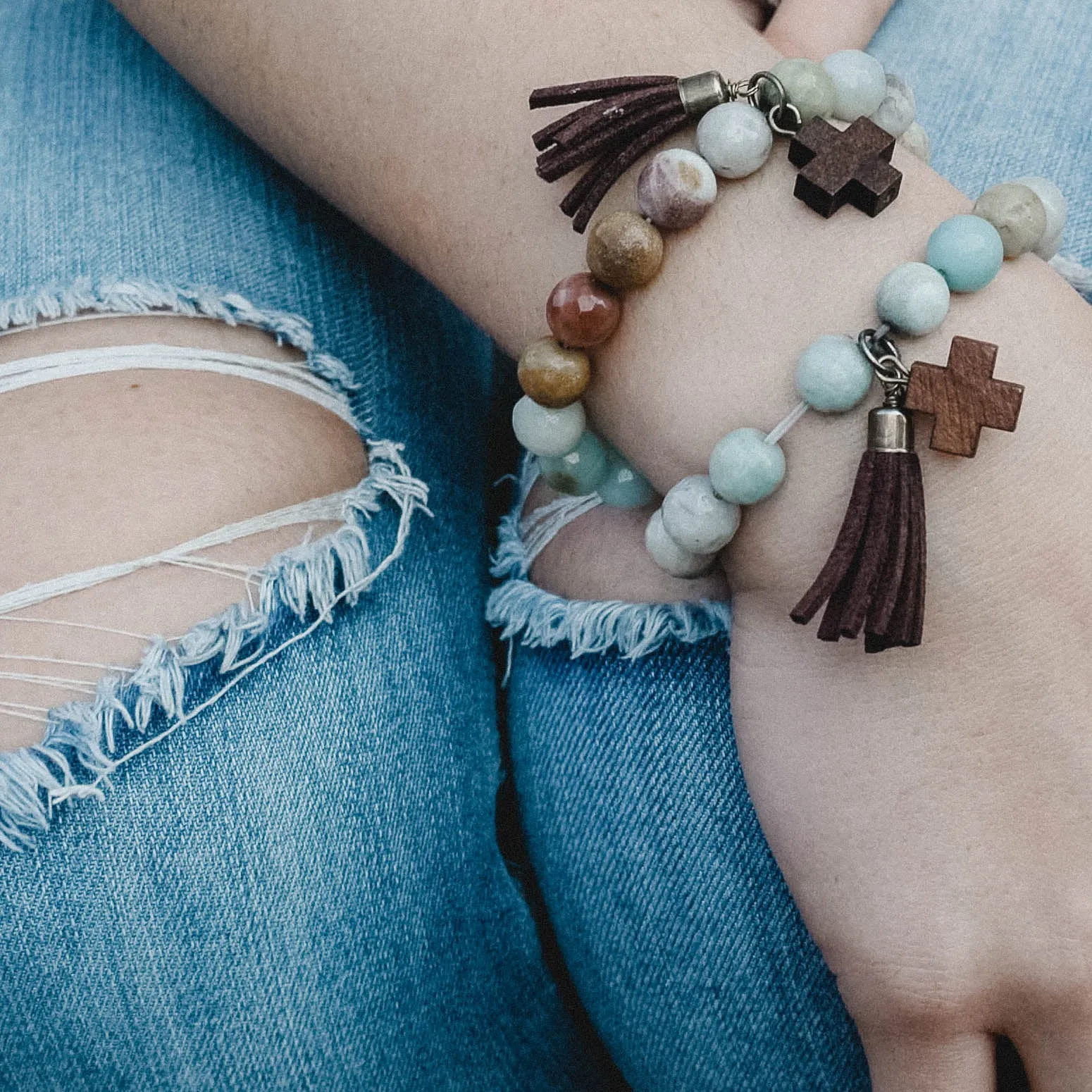 "Hayden" Wooden and Turquoise Cross Bracelet