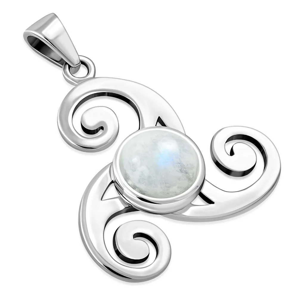 Rainbow Moonstone Triskele Triple Spiral Celtic Silver Pendant