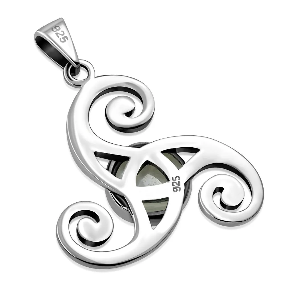 Rainbow Moonstone Triskele Triple Spiral Celtic Silver Pendant