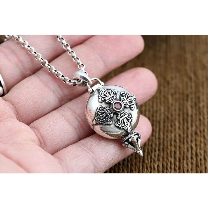 Real Silver 925 Amulet Box Charms Pendant Vajra Cross Set Red Stone Solid 925 Sterling Silver Jewelry Men Women Lucky Accessory (Pendant)