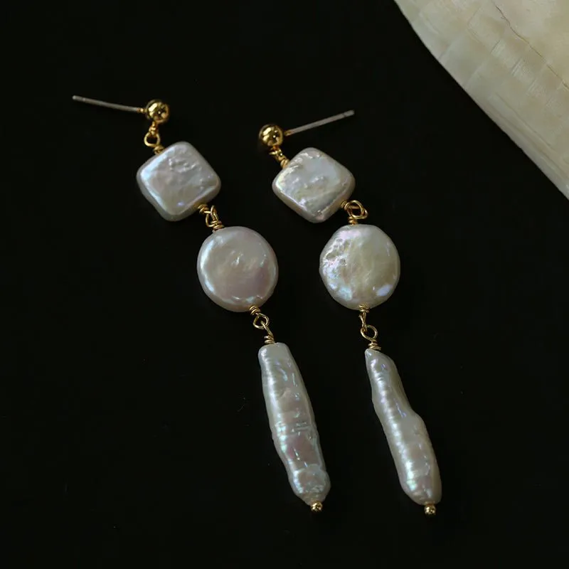 Rhombus Baroque Pearl Long Earrings