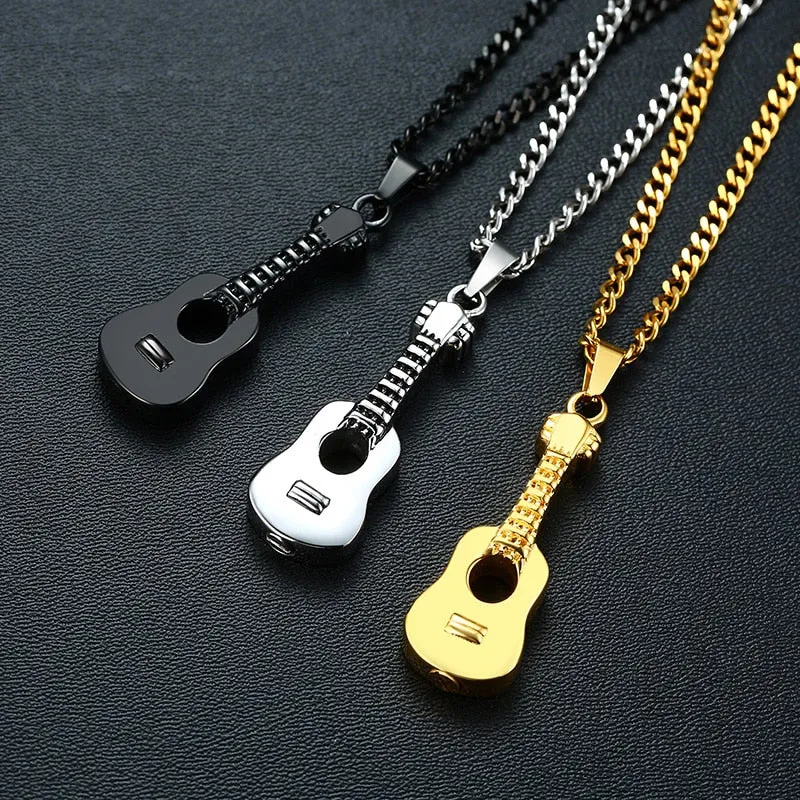 Rock Stainless Steel Guitar Necklace Pendant Openable Love Music Jewelry