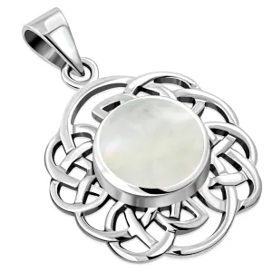 Round Celtic Knot Silver Pendant set w/ Mother of Pearl