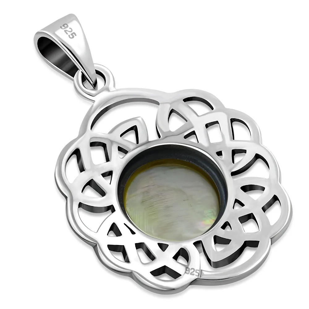 Round Celtic Knot Silver Pendant set w/ Mother of Pearl