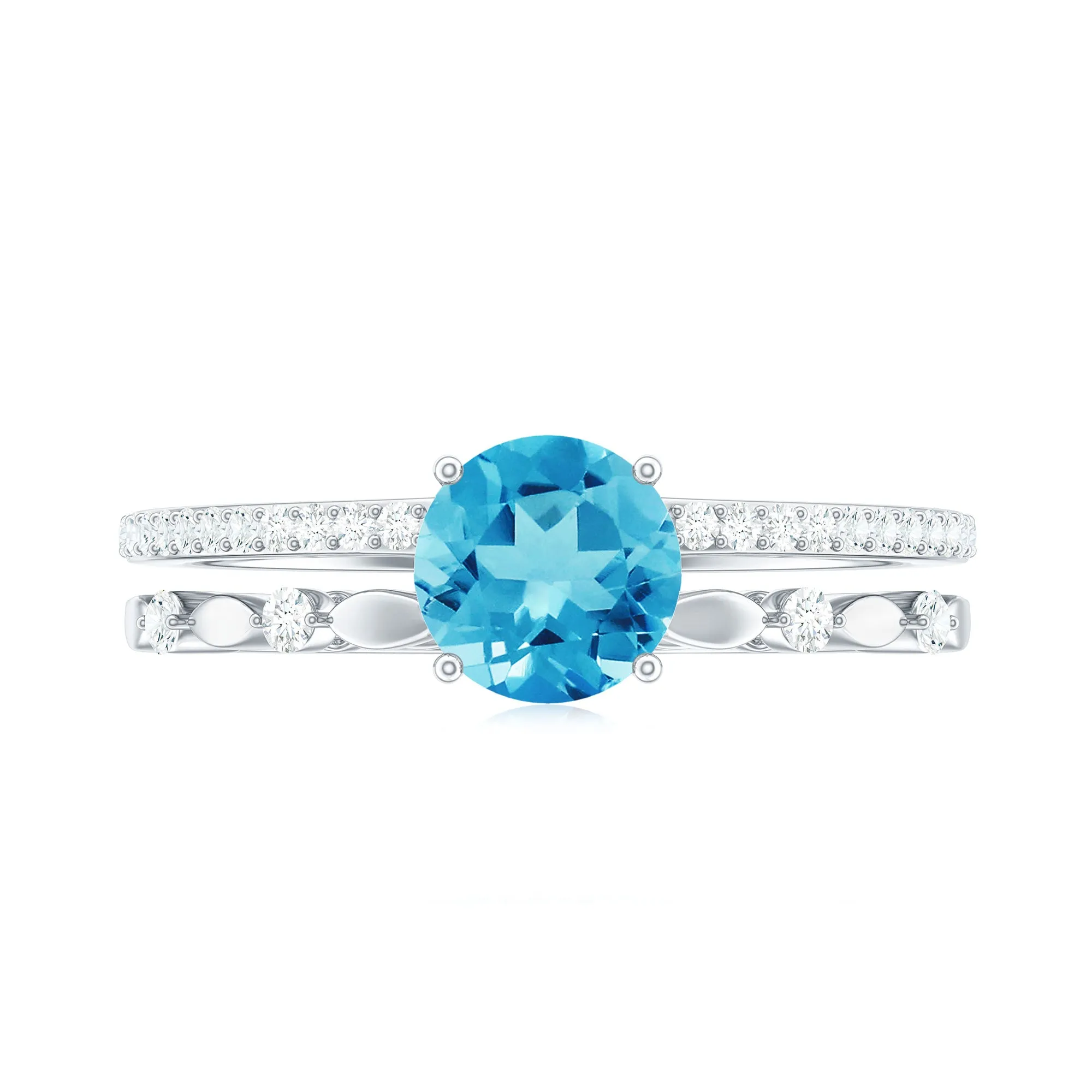 Round Shape Swiss Blue Topaz Solitaire Double Band Ring with Diamond