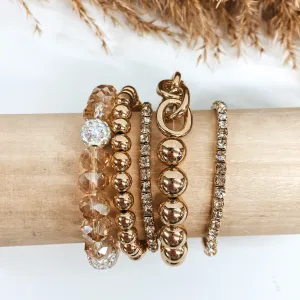 Set of Five | Crystal and Chain Beaded Bracelets in Gold and Champagne